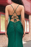 Dark Green Mermaid Lace Up Back Long Prom Dress with Slit