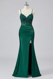 Dark Green Mermaid Lace Up Back Long Prom Dress with Slit