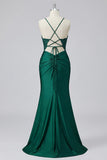 Dark Green Mermaid Lace Up Back Long Prom Dress with Slit