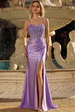 Lavender Corset Mermaid Sequin Lace Up Back Prom Dress with Slit
