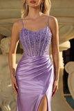 Lavender Corset Mermaid Sequin Lace Up Back Prom Dress with Slit