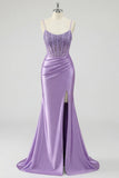 Lavender Corset Mermaid Sequin Lace Up Back Prom Dress with Slit