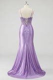 Lavender Corset Mermaid Sequin Lace Up Back Prom Dress with Slit