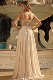 Champagne A Line Sheer Corset Sequin Long Prom Dress with Slit