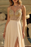Champagne A Line Sheer Corset Sequin Long Prom Dress with Slit