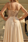 Champagne A Line Sheer Corset Sequin Long Prom Dress with Slit