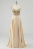 Champagne A Line Sheer Corset Sequin Long Prom Dress with Slit