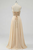 Champagne A Line Sheer Corset Sequin Long Prom Dress with Slit