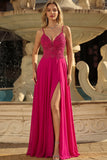 Rose A Line Spaghetti Straps Lace Up Back Long Prom Dress with Slit