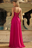 Rose A Line Spaghetti Straps Lace Up Back Long Prom Dress with Slit