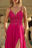 Rose A Line Spaghetti Straps Lace Up Back Long Prom Dress with Slit