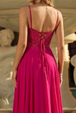 Rose A Line Spaghetti Straps Lace Up Back Long Prom Dress with Slit
