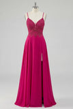 Rose A Line Spaghetti Straps Lace Up Back Long Prom Dress with Slit