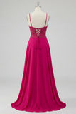 Rose A Line Spaghetti Straps Lace Up Back Long Prom Dress with Slit