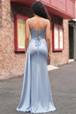 Dusty Blue Mermaid Corset Lace Up Back Long Prom Dress with Slit