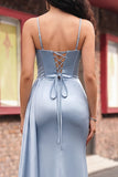 Dusty Blue Mermaid Corset Lace Up Back Long Prom Dress with Slit