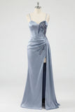Dusty Blue Mermaid Corset Lace Up Back Long Prom Dress with Slit