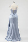 Dusty Blue Mermaid Corset Lace Up Back Long Prom Dress with Slit