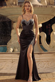 Black Corset Beaded Mermaid Lace Up Back Long Prom Dress With Slit