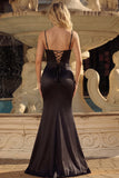 Black Corset Beaded Mermaid Lace Up Back Long Prom Dress With Slit