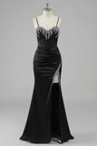 Black Corset Beaded Mermaid Lace Up Back Long Prom Dress With Slit