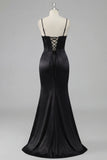 Black Corset Beaded Mermaid Lace Up Back Long Prom Dress With Slit