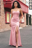 Mermaid Blush Corset Pleated Lace Up Back Long Prom Dress with Slit