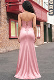 Mermaid Blush Corset Pleated Lace Up Back Long Prom Dress with Slit