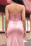 Mermaid Blush Corset Pleated Lace Up Back Long Prom Dress with Slit
