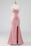 Mermaid Blush Corset Pleated Lace Up Back Long Prom Dress with Slit