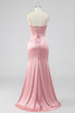 Mermaid Blush Corset Pleated Lace Up Back Long Prom Dress with Slit