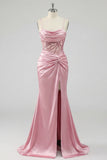 Blush Ruched Mermaid Sequin Long Prom Dress with Slit