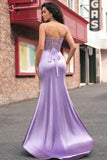 Purple Sheer Corset Mermaid Spaghetti Straps Long Prom Dress with Slit