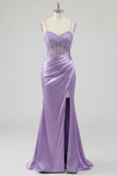 Purple Sheer Corset Mermaid Spaghetti Straps Long Prom Dress with Slit