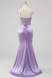 Purple Sheer Corset Mermaid Spaghetti Straps Long Prom Dress with Slit