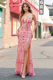 Pink Beaded Mermaid Long Prom Dress with Slit