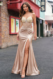Champagne Beaded Sheer Corset Mermaid Long Prom Dress with Slit