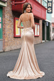 Champagne Beaded Sheer Corset Mermaid Long Prom Dress with Slit