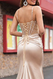 Champagne Beaded Sheer Corset Mermaid Long Prom Dress with Slit