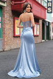 Grey Blue Mermaid Beaded Corset Long Prom Dress with Slit