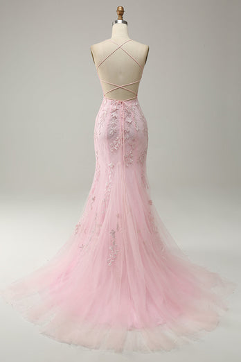 Coral Backless Long Prom Dress with Appliques