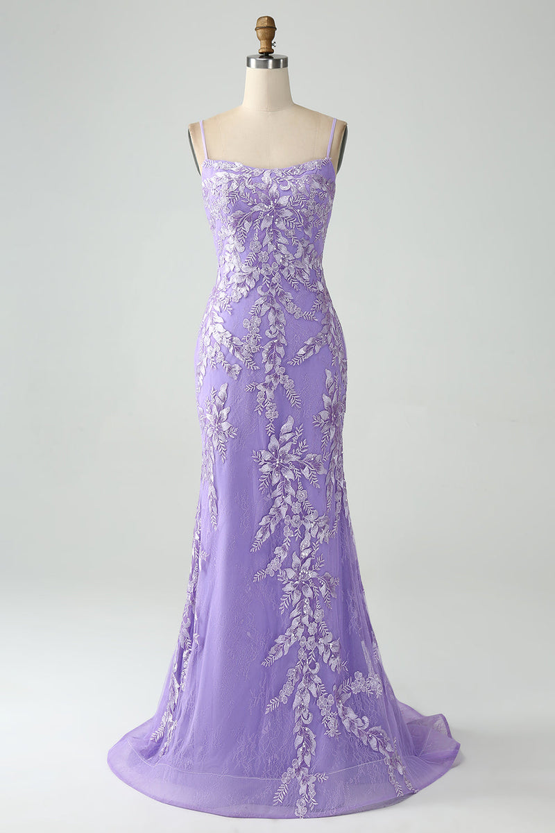 Load image into Gallery viewer, Mermaid Lilac Spaghetti Straps Long Prom Dress with Appliques