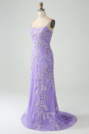 Mermaid Lilac Spaghetti Straps Long Prom Dress with Appliques