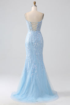 Sky Blue Sparkly Mermaid Corset Prom Dress with Sequins