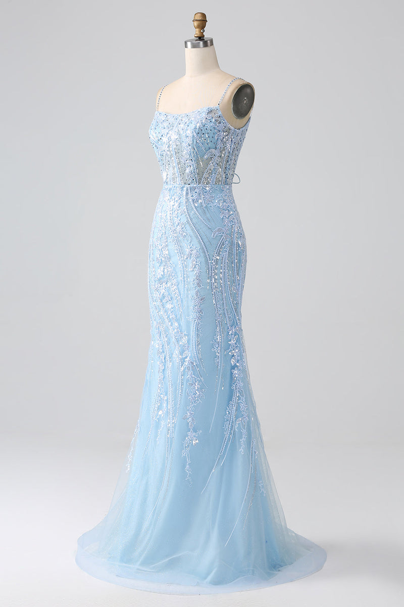 Load image into Gallery viewer, Sky Blue Sparkly Mermaid Corset Prom Dress with Sequins