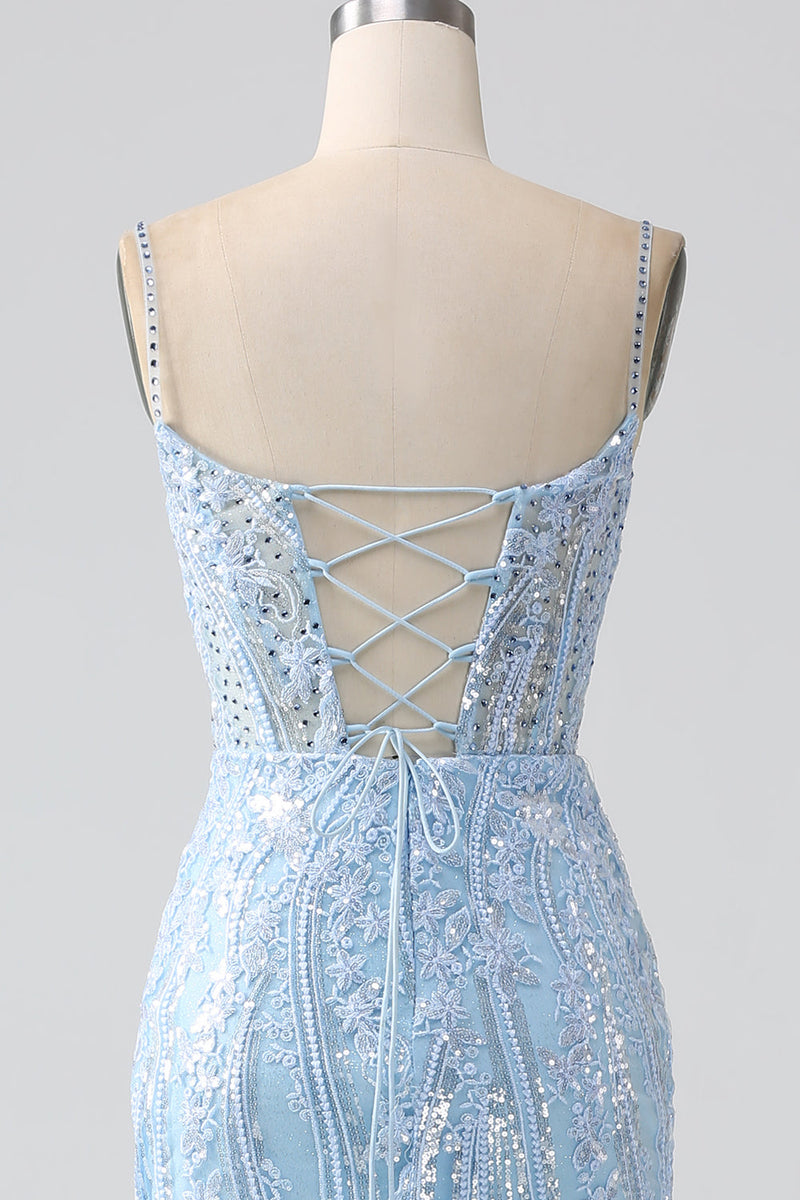 Load image into Gallery viewer, Sky Blue Sparkly Mermaid Corset Prom Dress with Sequins