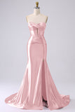 Fuchsia Strapless Satin Mermaid Corset Long PLus Size Prom Dress with Slit