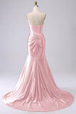 Fuchsia Strapless Satin Mermaid Corset Long PLus Size Prom Dress with Slit