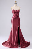 Fuchsia Strapless Satin Mermaid Corset Long PLus Size Prom Dress with Slit