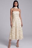 Blue Strapless A-Line Appliqued Midi Floral Dress with Neck Scarf
